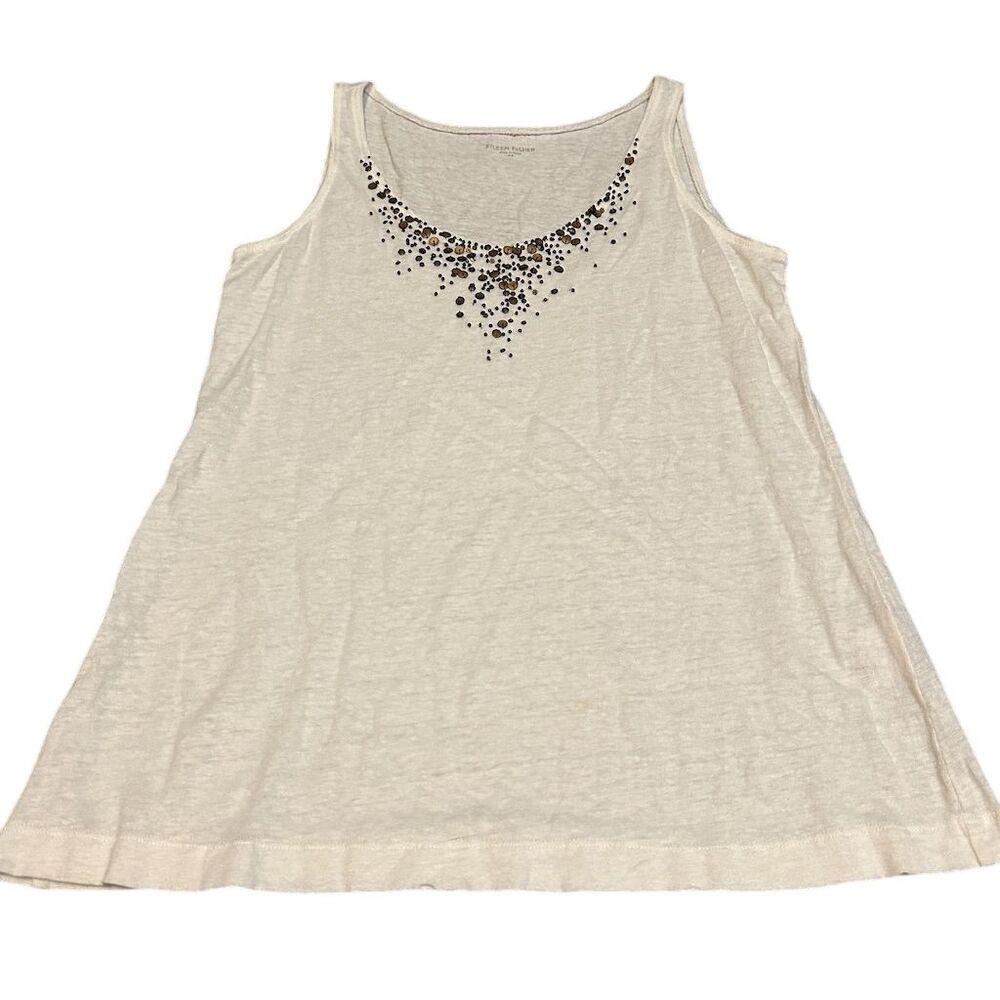 Eileen Fisher Women's XS White Metallic Embellished Linen Tank Top